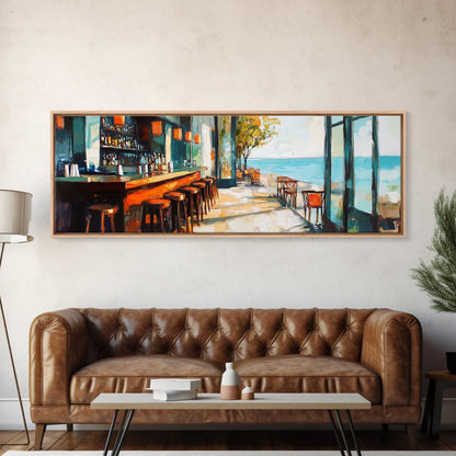 Coastal Beach Bar Framed Canvas Print Modern Seaside Cafe Painting, Coastal Kitchen Wall Art, Tropical Decor, Ocean View Artwork