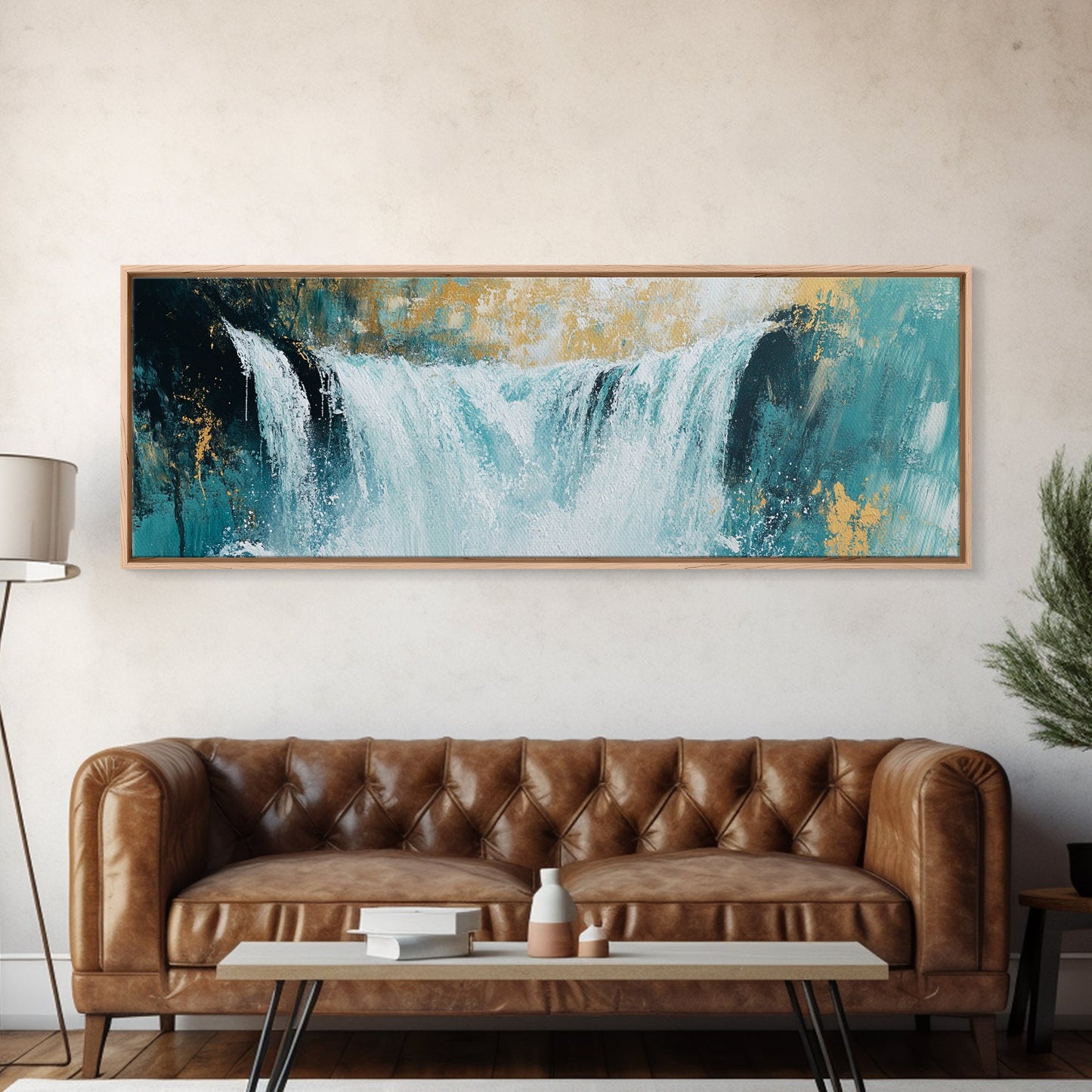 Majestic Waterfall Scene Framed Canvas Print Nature Landscape Painting, Living Room Wall Art, Tranquil River Artwork, Rustic Decor