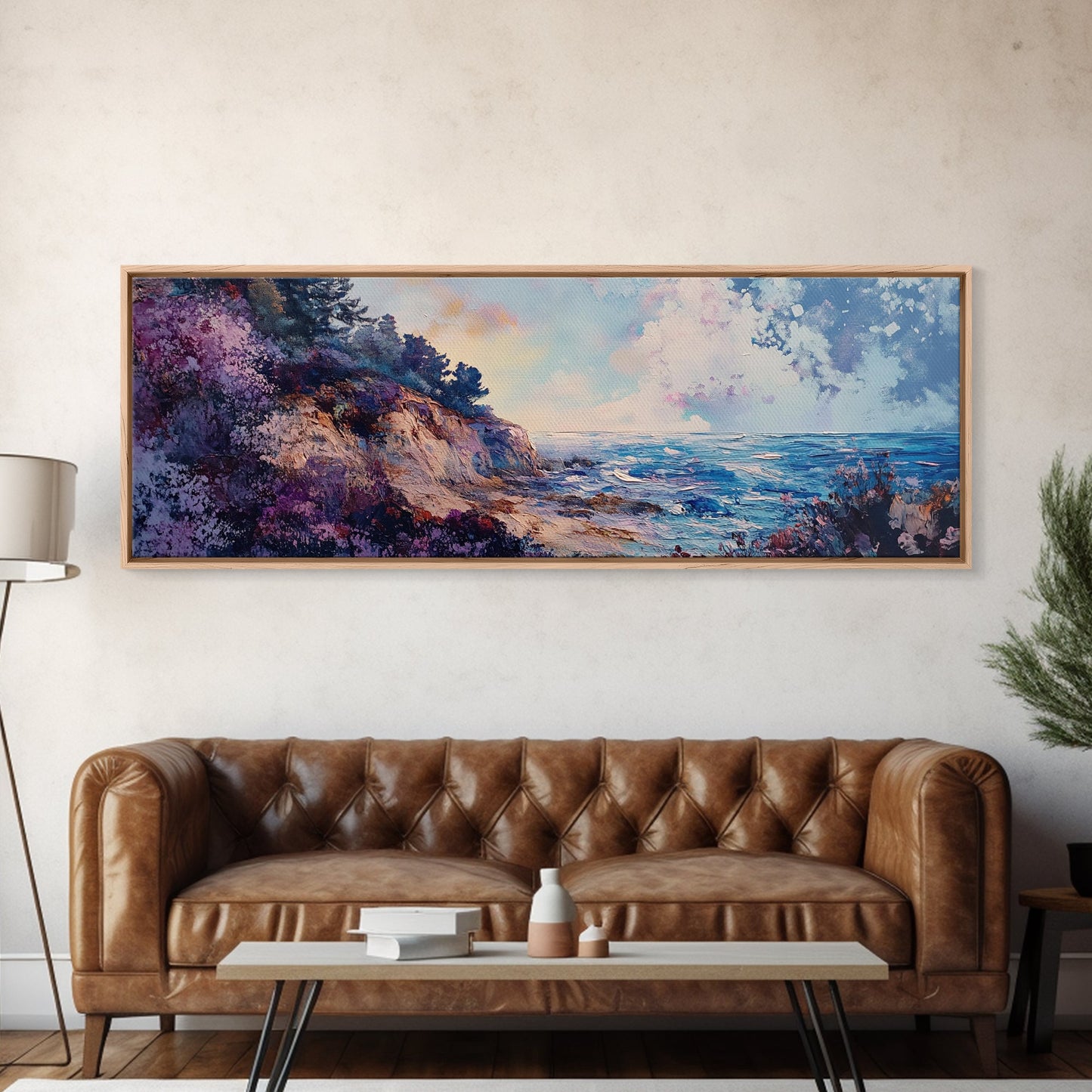 Rocky Shoreline Framed Canvas Print Vibrant Coastal Wall Art, Textured Ocean Scene, Sunset Beach Painting, Modern Boho Decor