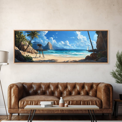 Tropical Beach Framed Canvas Print, Seaside Paradise Wall Art, Coastal Landscape Painting, Ocean View Decor, Office Art