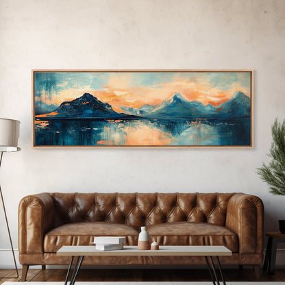 Mountain Reflections at Sunset Wall Art, Abstract Landscape Painting, Blue and Orange Artwork, Statement Piece, Office