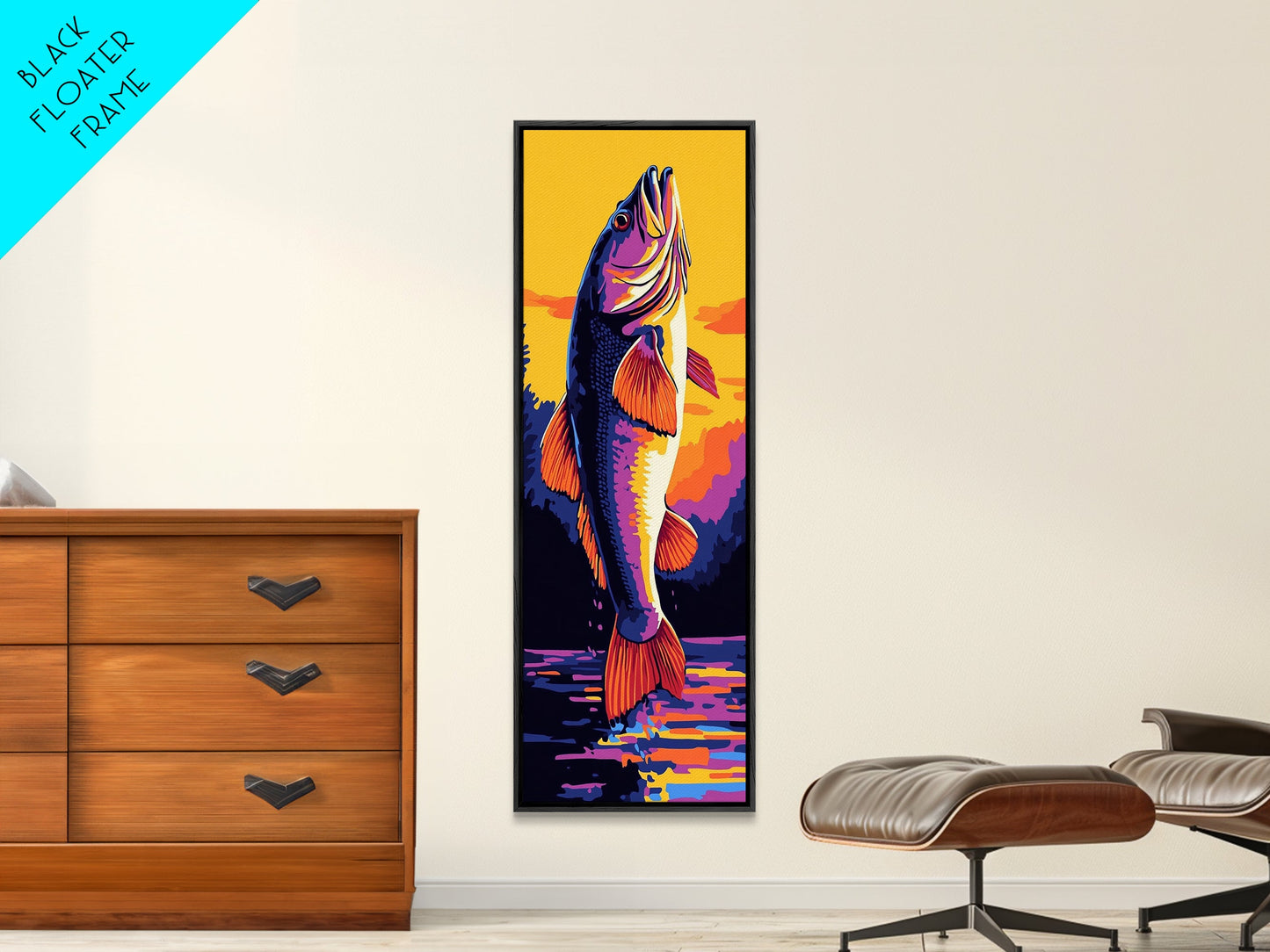Jumping Fish, Bass Fishing Art, Vibrant Lake Scene, Bold Outdoor Wall Decor, Cabin Aesthetic, Nature Lover Gift, Framed Canvas Print