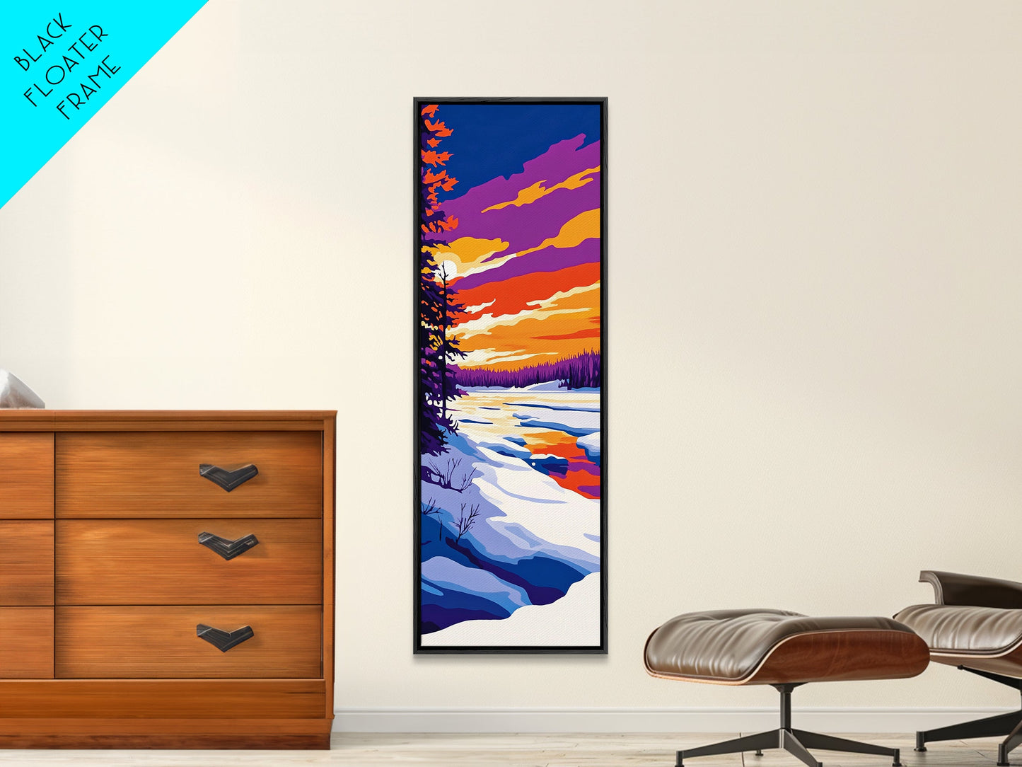 Snowy River, Winter Wonderland, Frosty Sunset, Framed Canvas Print, Cozy Cabin Art, Seasonal Wall Decor, Christmas Aesthetic, Minimalist