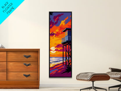 Lifeguard Tower, Ocean Sunset, Beach House Art, Framed Canvas Print, Coastal Wall Decor, Vibrant Seascape Painting, Nautical Decor