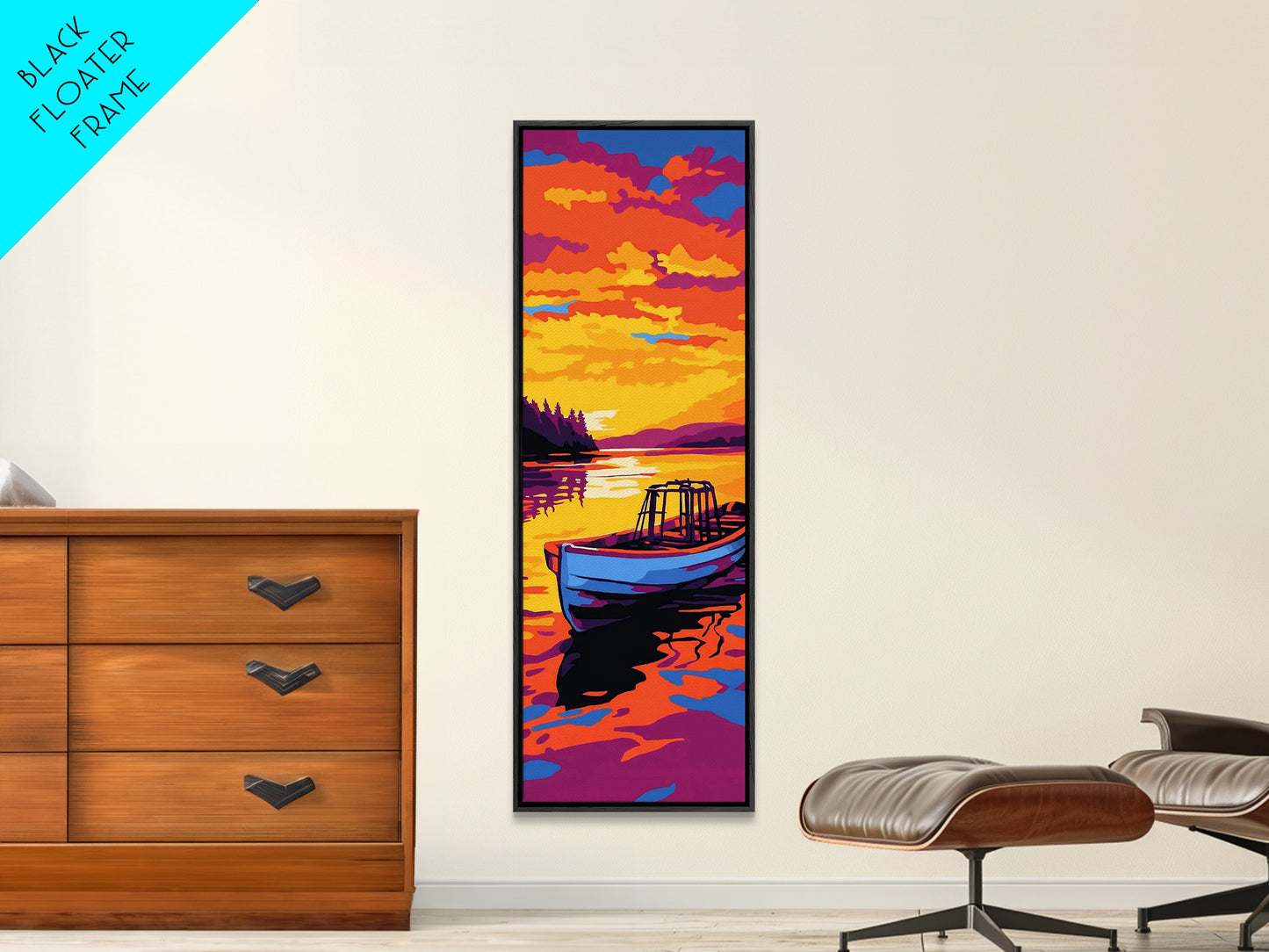 Boat, Sunset, Water, Reflection, Framed Canvas Print, Nautical Wall Art, Coastal Decor, Lakehouse Art, Cabin Wall Art, Living Room Art