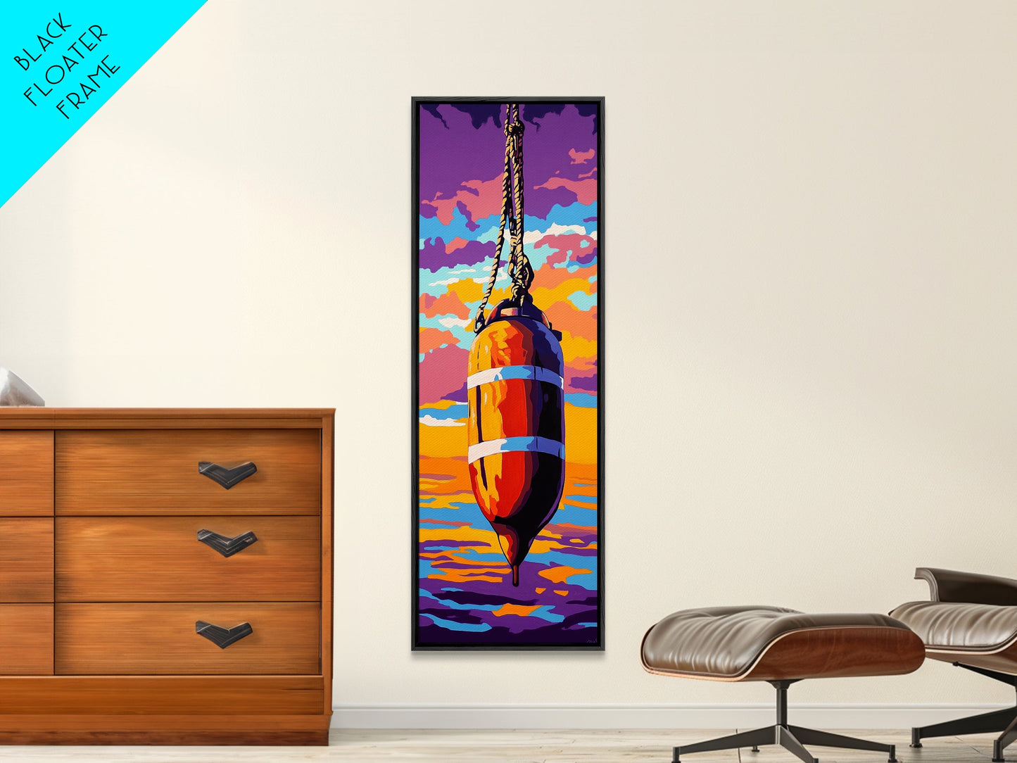 Buoy, Rope, Ocean, Sunset, Framed Canvas Print, Nautical Decor, Coastal Wall Art, Beach House Art, Fishing Decor, Living Room Wall Art