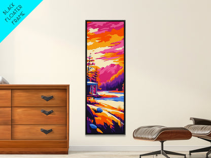 Sonnenuntergangsszene mit Hütte, gerahmter Leinwanddruck, lebendige Berglandschaft, Seelandschaft, gemütliche Hüttendekoration, Naturnahe Wohndekoration, rustikale Wandkunst