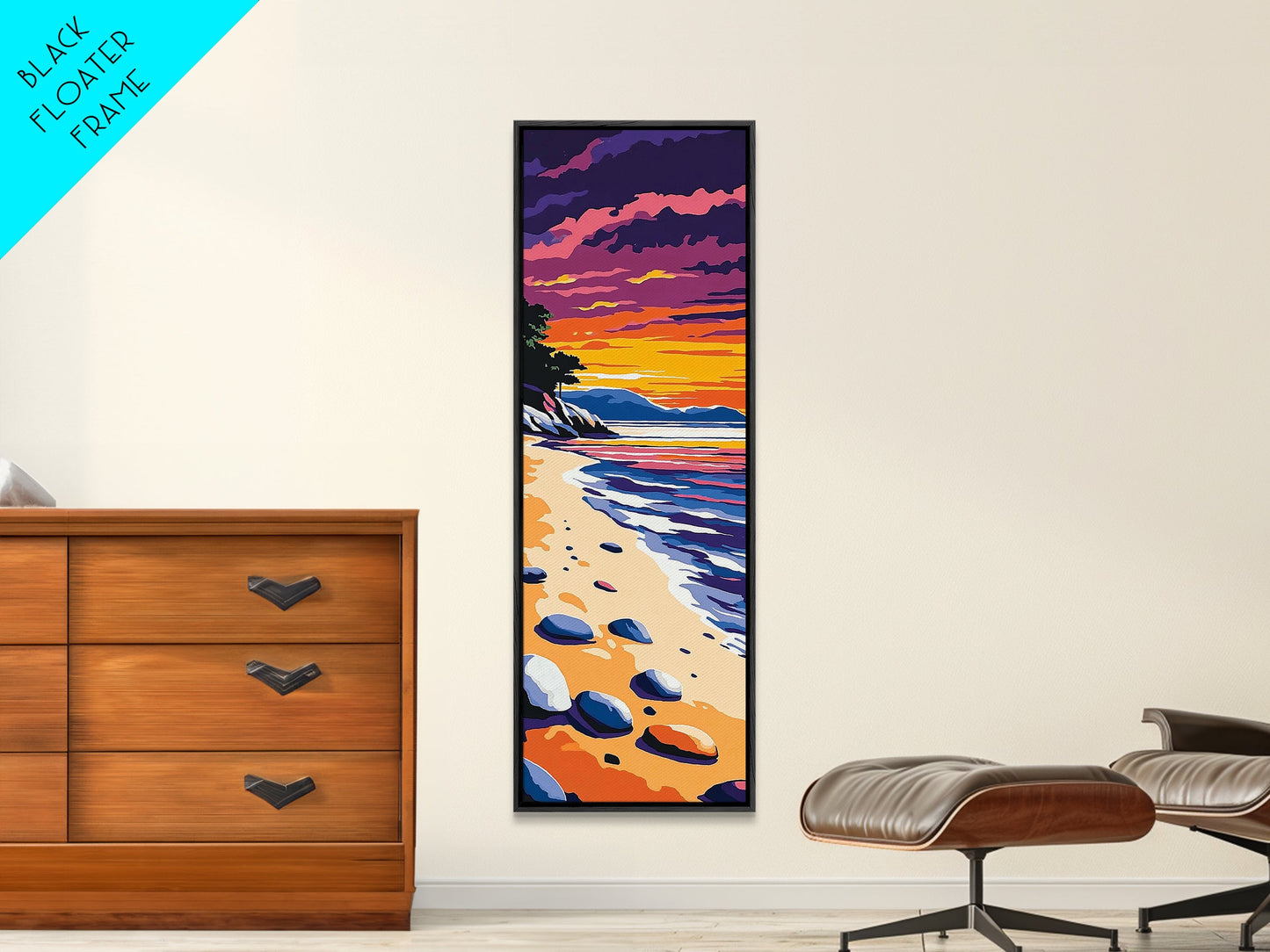 Tranquil Shoreline Sunset, Framed Canvas Print, Serene Beach Art, Vibrant Ocean View, Coastal Living Decor, Boho Aesthetic