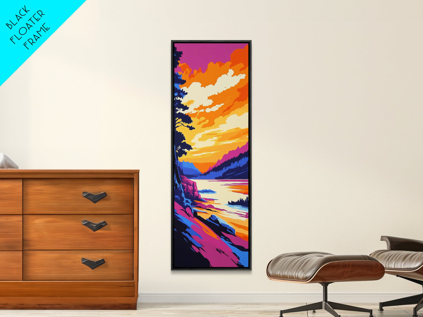 Sunset Shore, Ocean Beach, Coastal Art, Framed Canvas Print, Vibrant Landscape, Boho Wall Art, Bathroom Decor, Nautical Artwork
