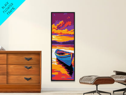 Wooden Boat, Sunset Reflection, Tranquil Lake, Water Art, Framed Canvas Print, Rustic Decor, Nautical Theme, Bedroom Wall Art