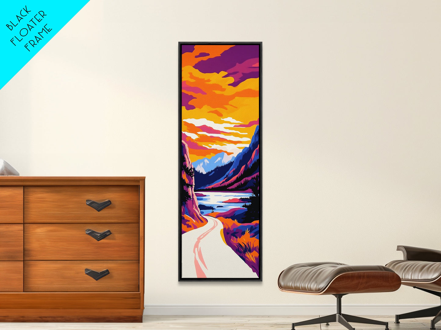 Mountain Lake, Scenic Road, Nature Escape, Boho Wall Art, Framed Canvas Print, Office Decor, Cozy Cabin Home Aesthetic