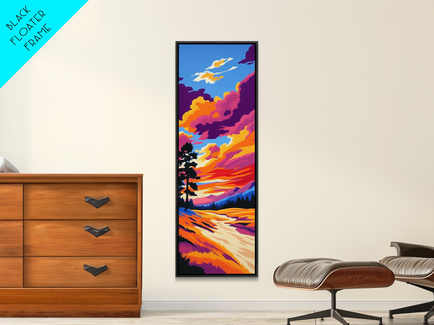 Golden River, Sunset Meadow, Vibrant Sky, Nature Wall Art, Framed Canvas Print, Boho Home Decor, Peaceful Landscape Aesthetic