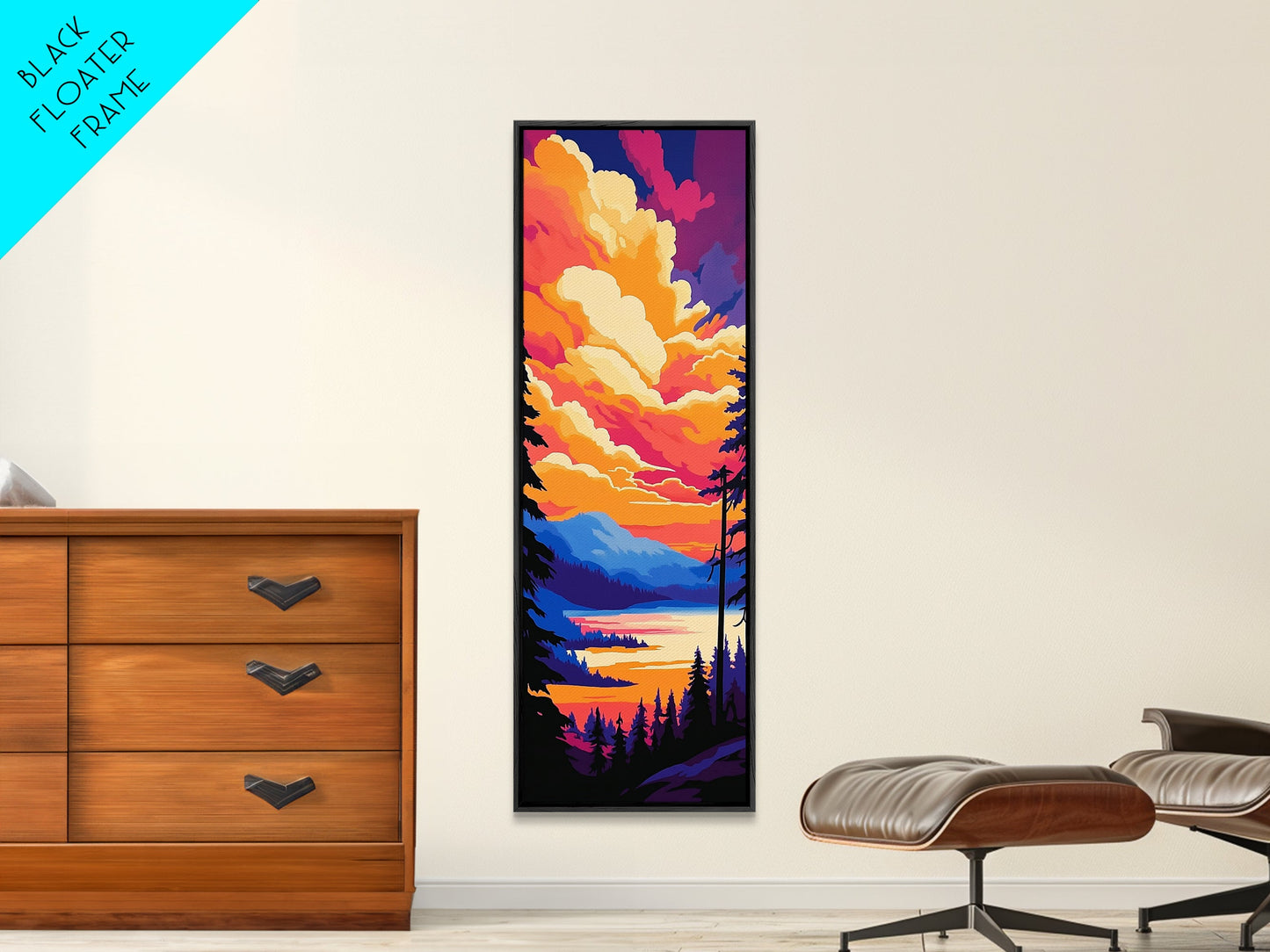 Mountain Glow, Vibrant Landscape Art, Nature Inspired Home Decor, Sunset Reflection Painting, Framed Canvas Print, Cozy Autumn Colors