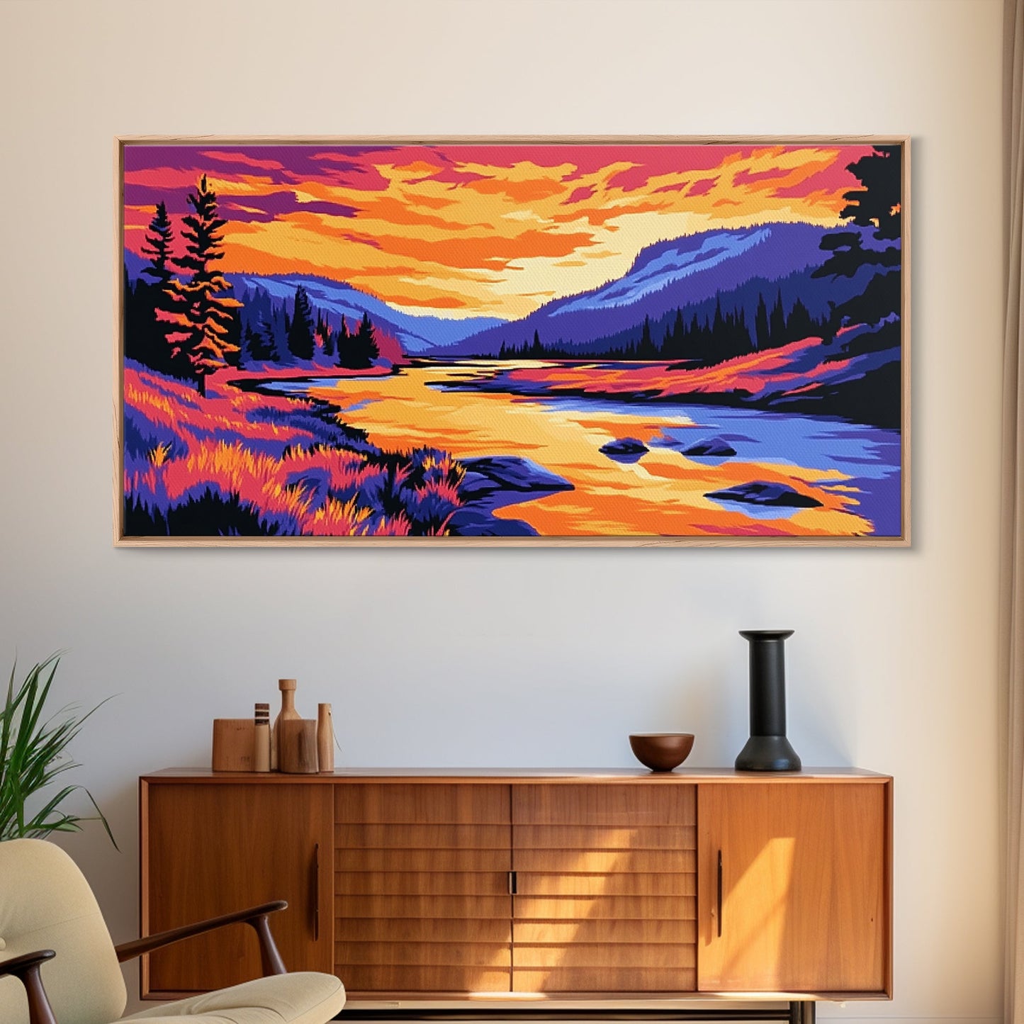 „Bergfluss im Glanz“, Leinwanddruck, Ruhige Landschaftskunst, Lebendige Naturszene, Rustikale Wanddekoration, Wohnzimmerkunst, Hüttenästhetik