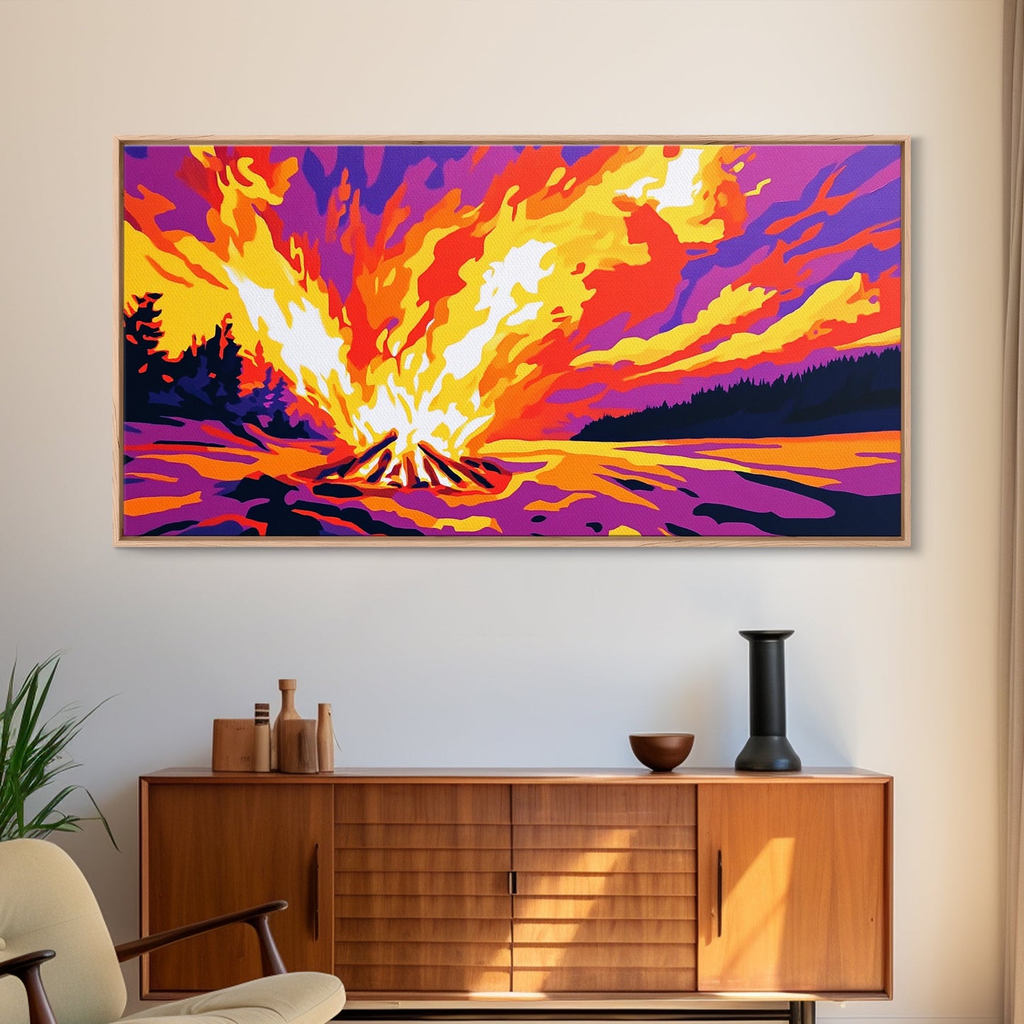 Campfire Blaze, Night Sky Glow, Framed Canvas Print, Cozy Cabin Wall Art, Rustic Living Room, Adventure Decor, Warm Autumn Colors