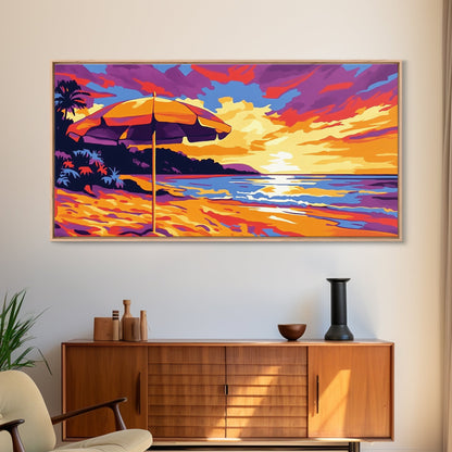 Beach Umbrella, Coastal Sunset Art, Vibrant Ocean Scene, Warm Tropical Decor, Beach Print, Canvas Print, Bedroom Wall Art, Lounge Art