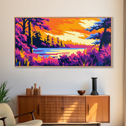 Forest Lake, Autumn Sunset, Vibrant Nature Scene, Rustic Cabin Wall Art, Cozy Home Aesthetic, Framed Canvas Print