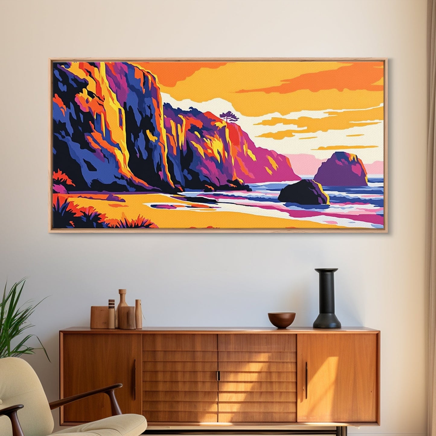 Meeresklippen, Küsten-Sonnenuntergangskunst, Lebendiges Meereslandschaftsgemälde, Strandwanddekoration, Gerahmter Leinwanddruck, Maritime Wohngestaltung, Bürokunst