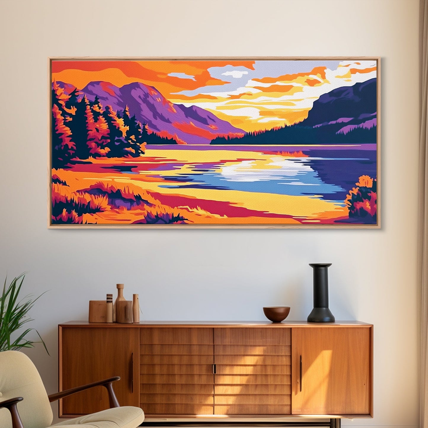 Mountain Lake, Sunset Wall Art, Nature Scene, Vibrant Colors, Rustic Decor, Modern Wilderness, Living Room, Canvas Print