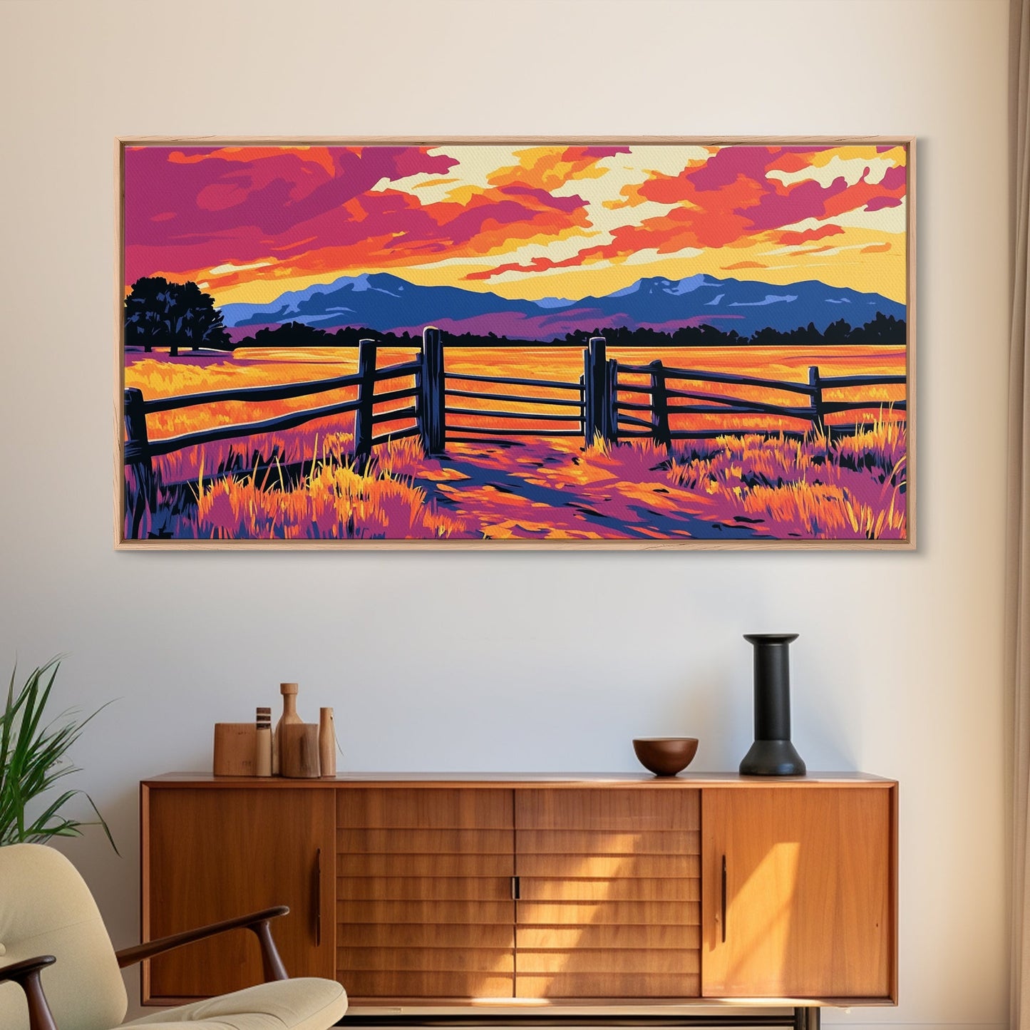 Rustic Fence, Prairie Landscape, Western Wall Art, Golden Fields, Warm Sunset, Country Aesthetic, Entryway, Canvas Print