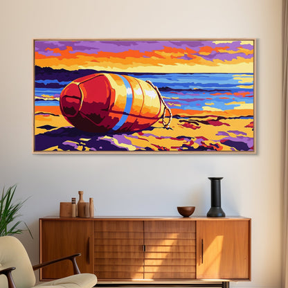 Beach Buoy, Coastal Sunset Painting, Vibrant Nautical Art, Ocean Shore Decor, Framed Canvas Print, Bathroom Wall Art, Beach House Style