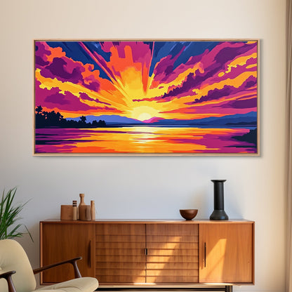 Vibrant River Sunset, Colorful Landscape Wall Art, Warm Nature Print, Bold Sky Painting, Autumn Home Decor, Framed Canvas Print