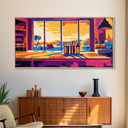 Bar Sunset, Wine Bottles, Cozy Kitchen, Framed Canvas Print, Wall Art, Modern Home, Dining Room, Cocktail Lounge, Warm Colors, Vibrant Art