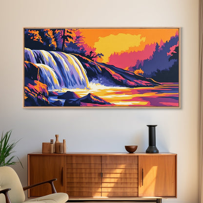 Waterfall, Forest, Autumn Sunset, Peaceful Scenery, Framed Canvas Print, Cabin Retreat, Rustic Home, Relaxing Nature, Vibrant Colors