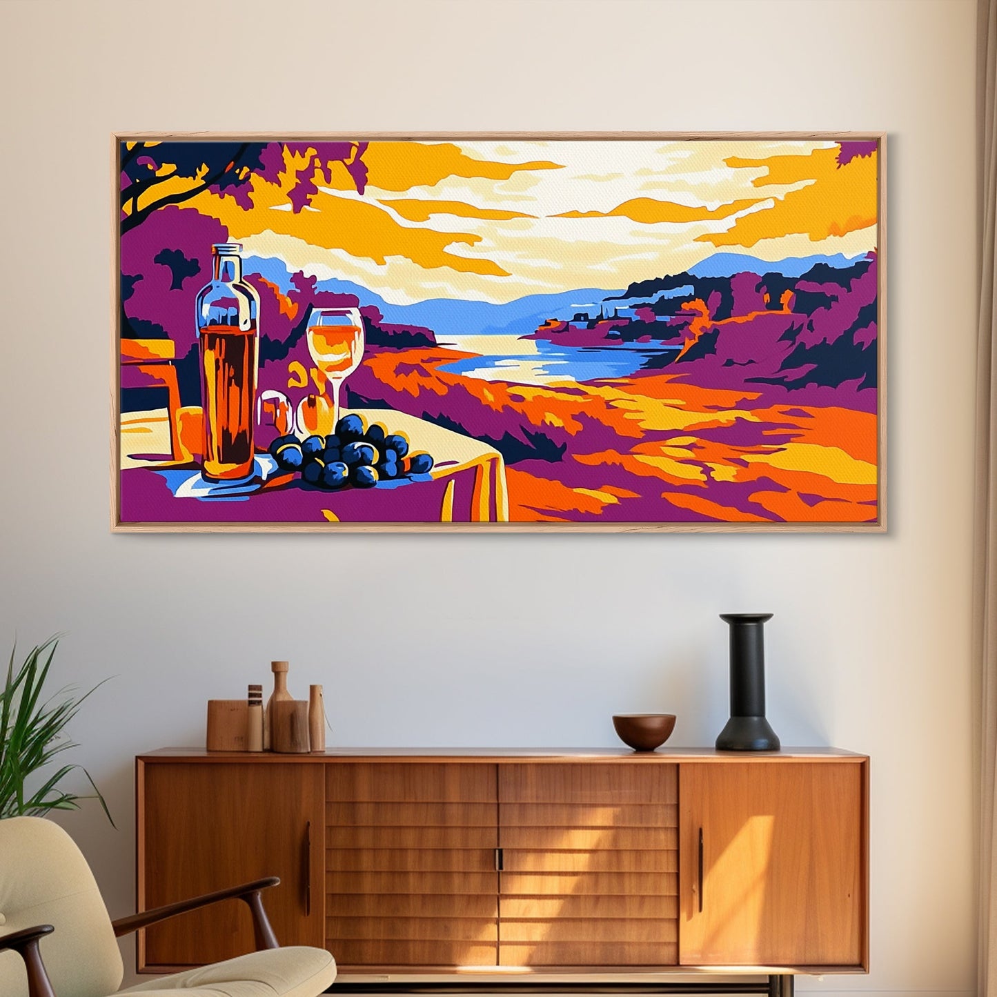 Wine and Sunset, Coastal Vineyard Art, Framed Canvas Print, Kitchen Wall Decor, Rustic Countryside Art, Tuscany Inspired