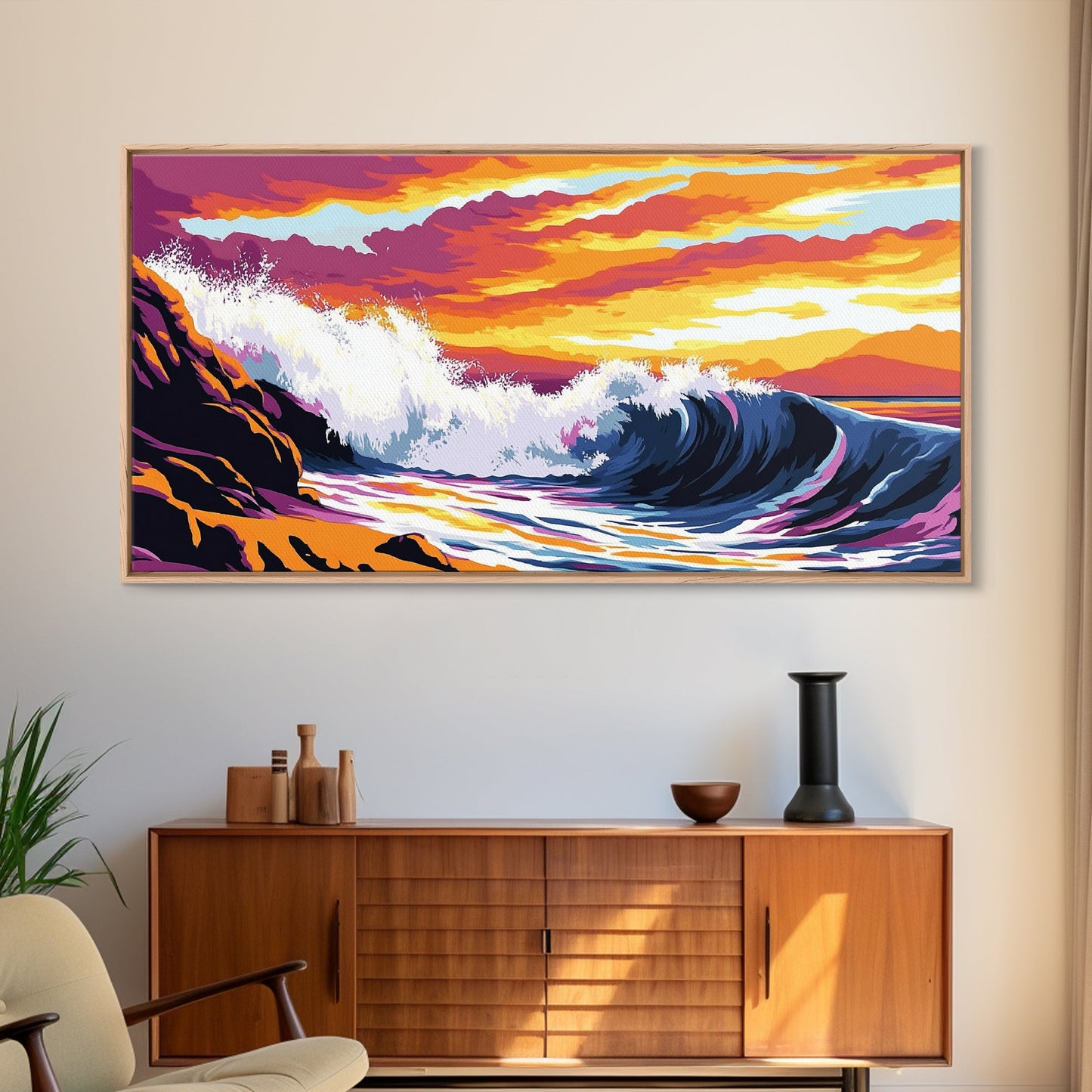 Crashing Wave, Sunset Surf, Nautical Wall Art, Framed Canvas Print, Coastal Decor, Ocean Lover Gift, Tropical Beach Art, Beach House Style