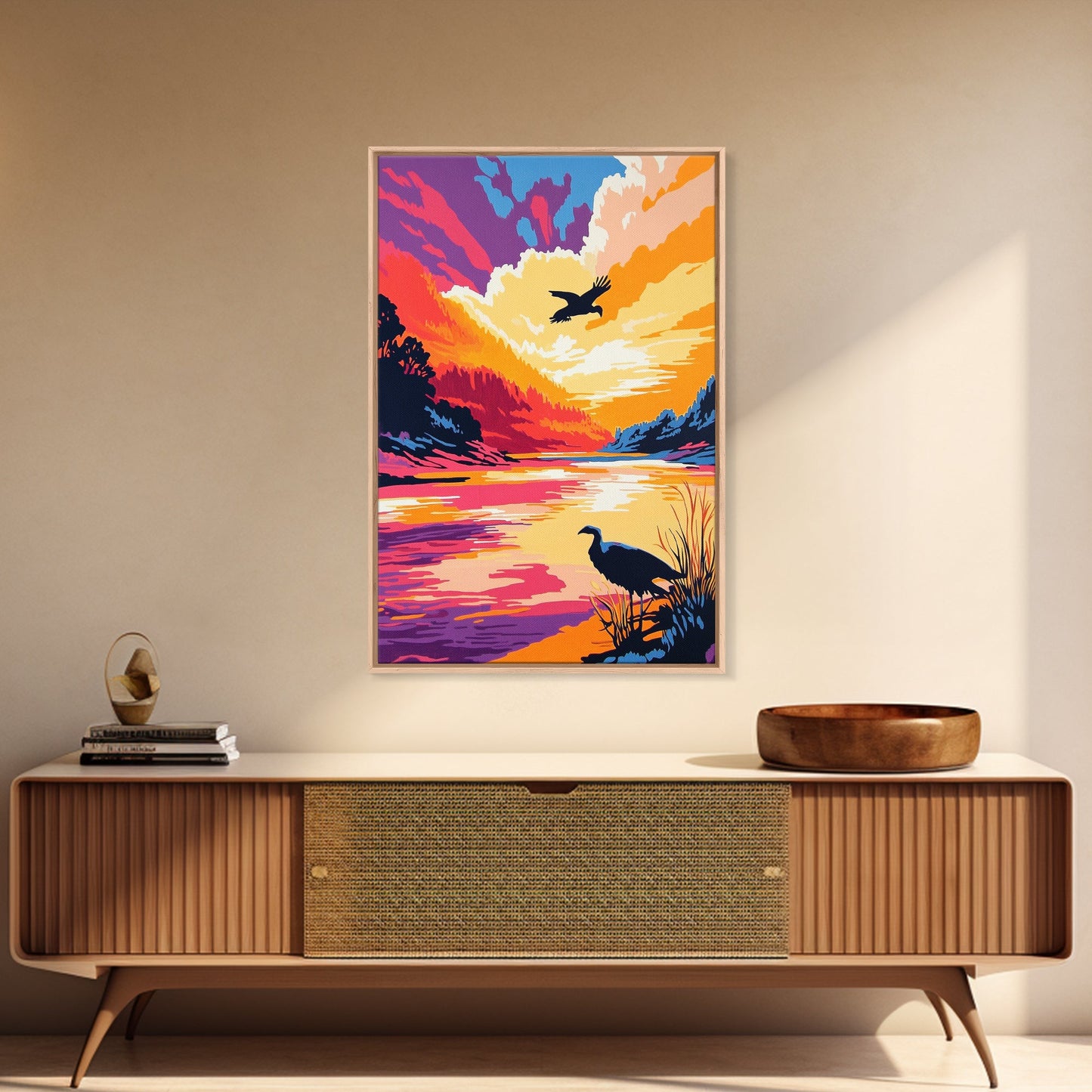 Sunset River, Birds, Framed Canvas Print, Vibrant Nature Art, Wildlife Wall Art, Autumn Landscape, Office Artwork, Colorful Sunset Scene