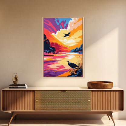 Sunset River, Birds, Framed Canvas Print, Vibrant Nature Art, Wildlife Wall Art, Autumn Landscape, Office Artwork, Colorful Sunset Scene