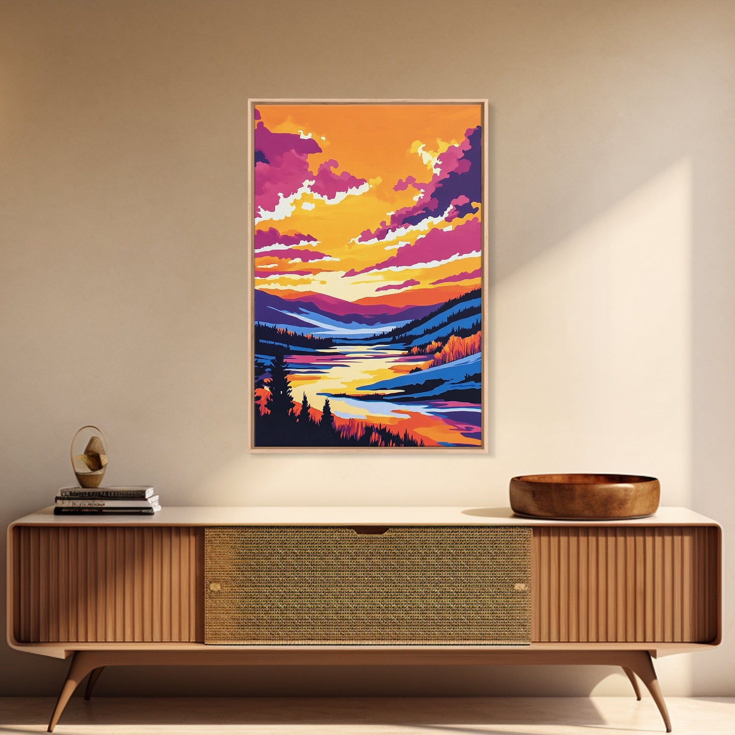 Sunset Valley, Reflection, Framed Canvas Print, Mountain River Art, Vibrant Landscape, Living Room Wall Art, Rustic Home Decor