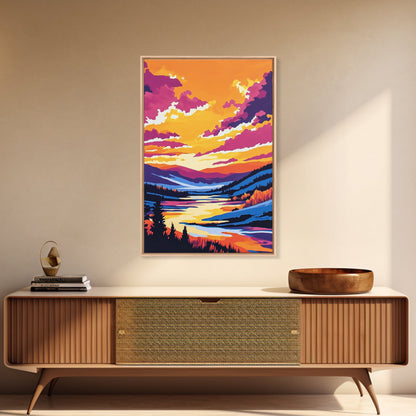 Sunset Valley, Reflection, Framed Canvas Print, Mountain River Art, Vibrant Landscape, Living Room Wall Art, Rustic Home Decor