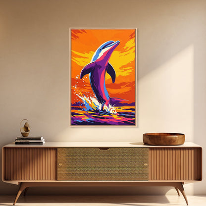 Dolphin Ocean, Sunset, Framed Canvas Print, Vibrant Sea Life Art, Beach House Decor, Coastal Living Art, Sunset Painting, Nautical Theme