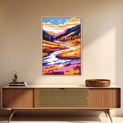 Autumn River, Valley, Canvas Print, Vibrant Fall Landscape, Cabin Wall Decor, Warm Color Palette, Nature Lover Gift, Cozy Home Wall Art