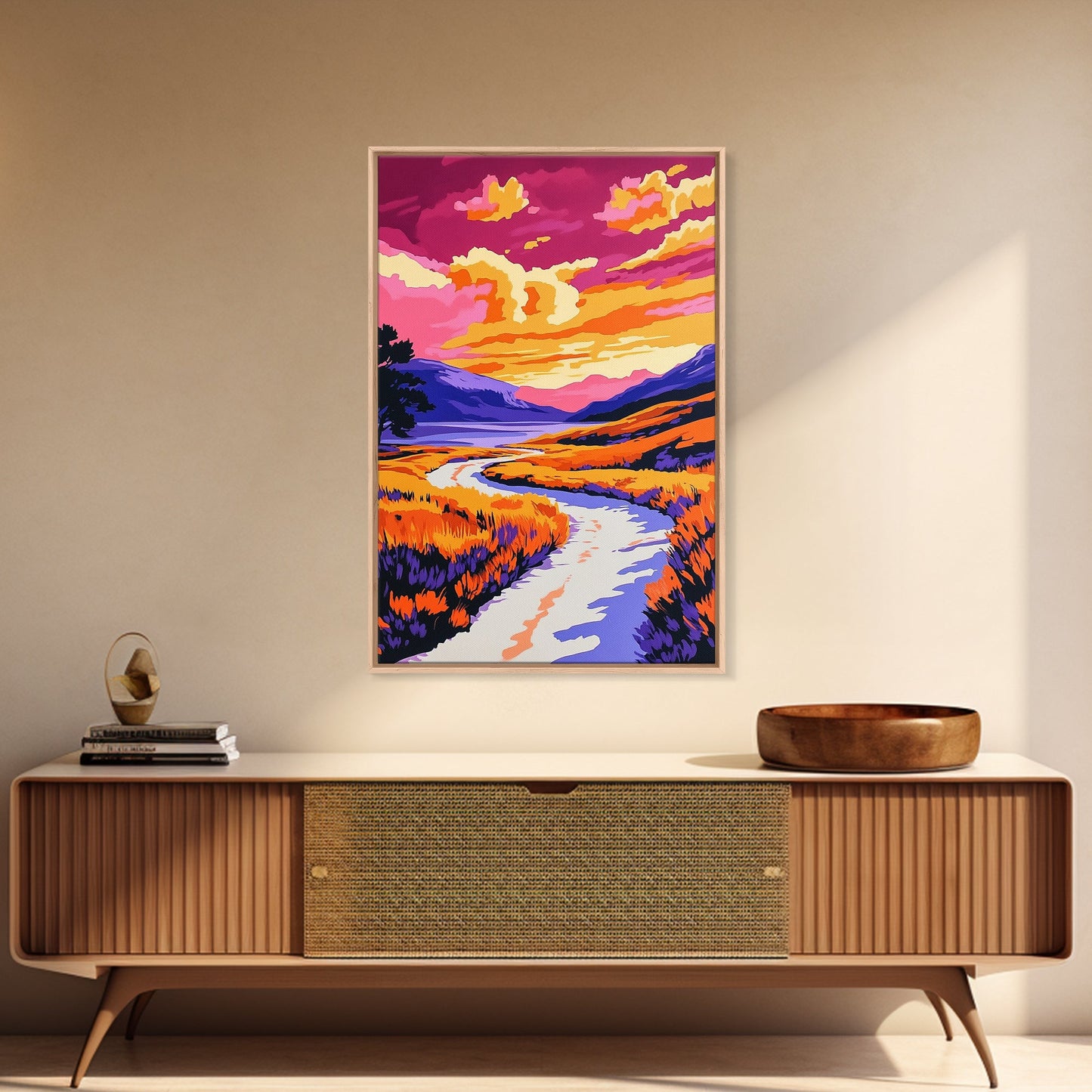 Sunset River, Vibrant Reflections, Colorful Landscape, Nature Art, Framed Canvas Print, Living Room Wall Art, Rustic Decor, Autumn Scene