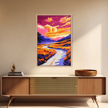 Sunset River, Vibrant Reflections, Colorful Landscape, Nature Art, Framed Canvas Print, Living Room Wall Art, Rustic Decor, Autumn Scene