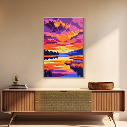 Sonnenuntergangsspiegelung, lebendige Naturkunst, Herbstlandschaft, malerische Wanddekoration, gerahmter Leinwanddruck, Wandbild fürs Wohnzimmer, Boho-Kunst