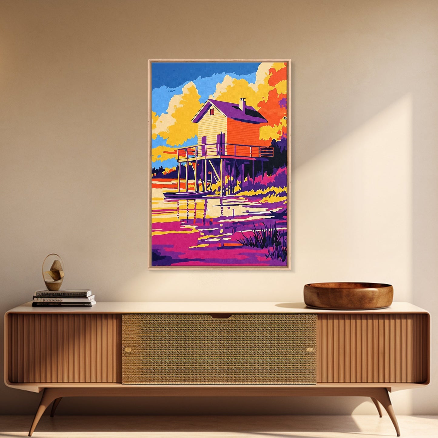 Sunset Cabin, Lake House, Scenic Art, Framed Canvas Print, Colorful Wall Art, Rustic Decor, Nature Painting, Living Room Wall Art