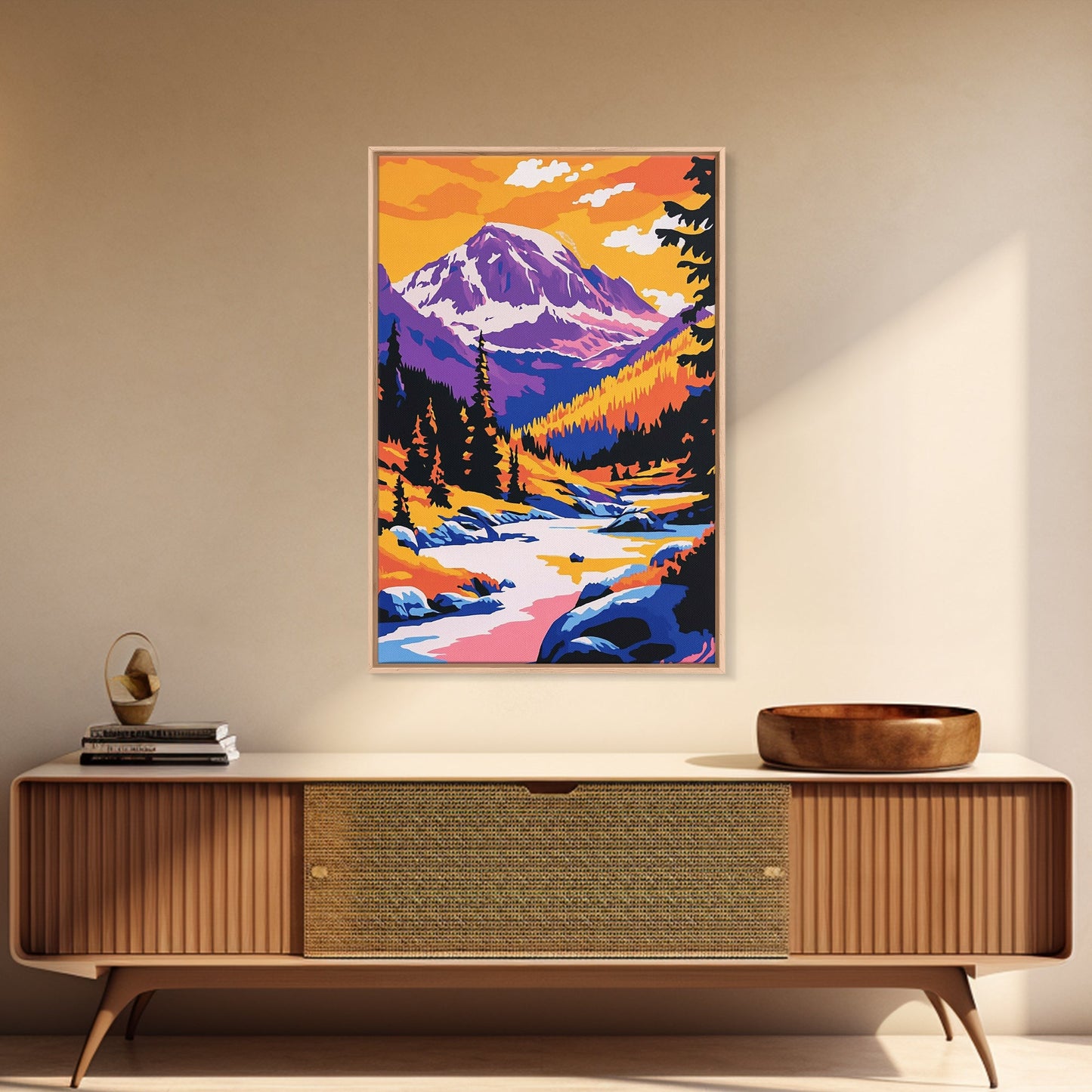 Snowy Peaks, Majestic Mountains, Wilderness Landscape, Cabin Aesthetic, Cozy Decor, Adventure Theme, Living Room, Canvas Print, Bold Colors