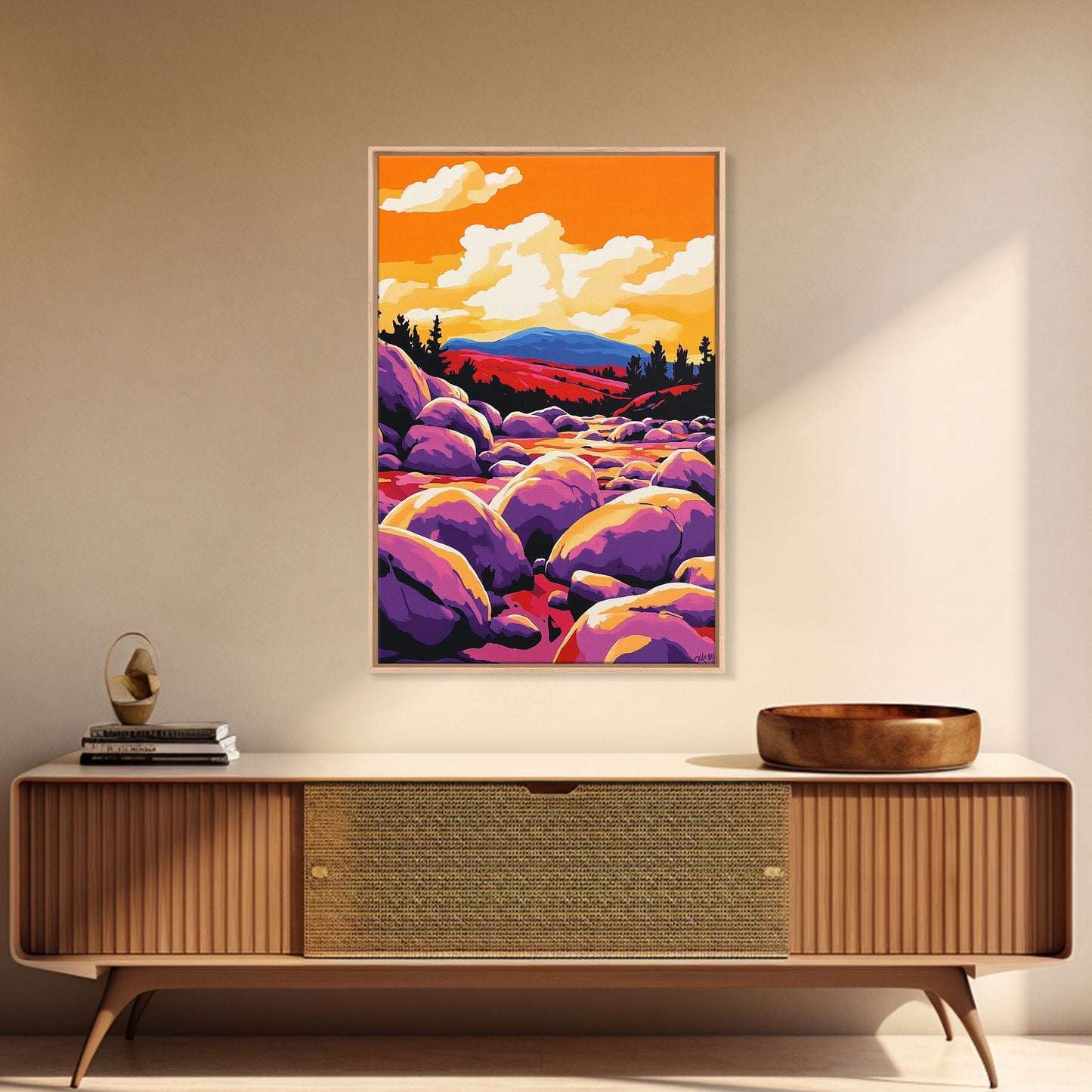 Sunset River, Nature Wall Art, Vibrant Landscape, Autumn Decor, Framed Canvas Print, Living Room Art, Bold Colors, Modern Art