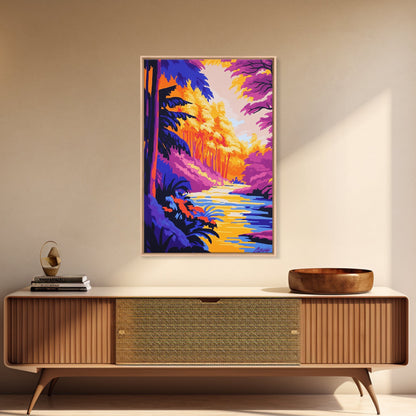 Enchanted River, Fantasy Landscape, Bright Colors, Nature Inspired, Canvas Print, Mystical Forest Art, Living Room Wall Art