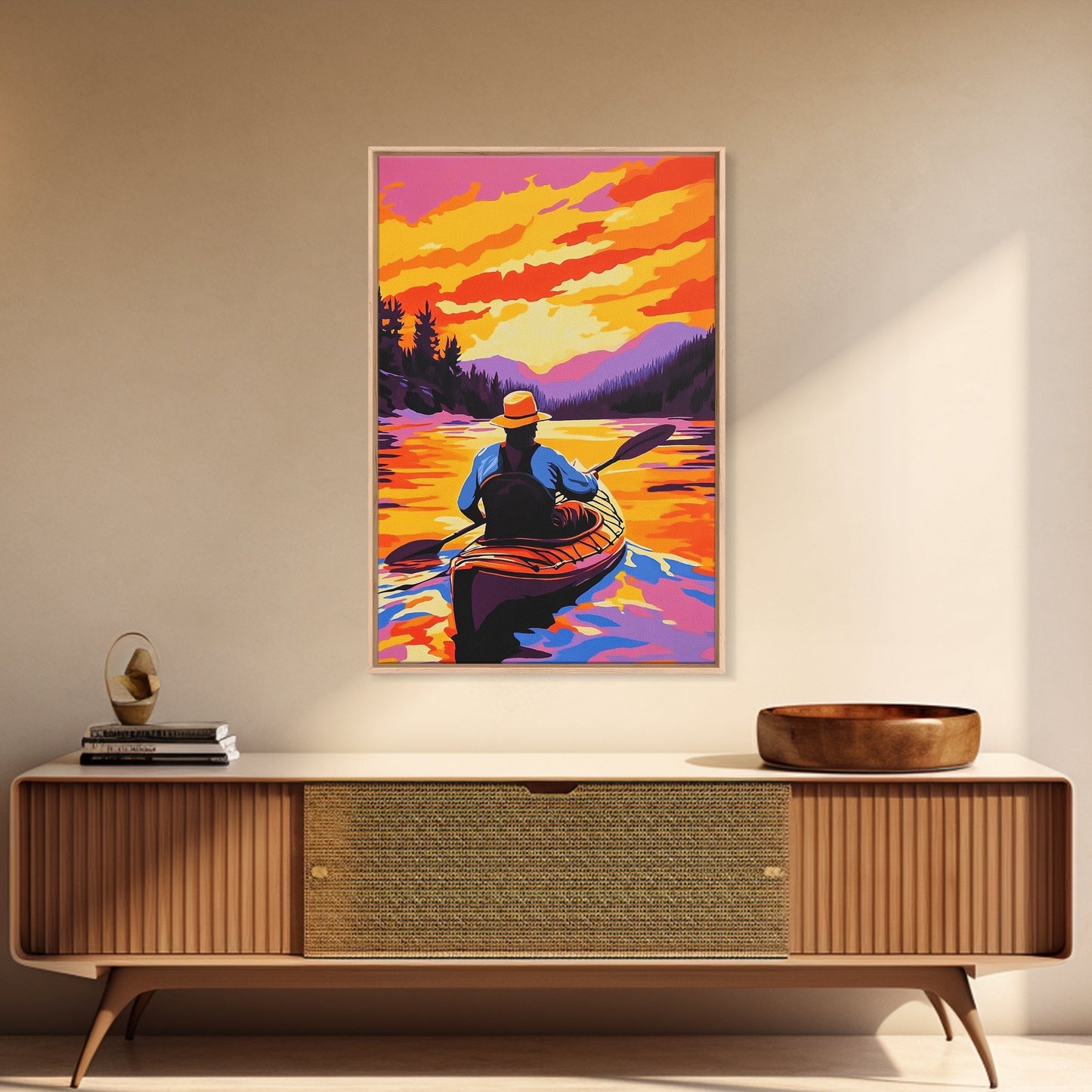 Kayaker Journey, Scenic River Painting, Vibrant Water Art, Framed Canvas Print, Adventure Wall Decor, Nature Lover Art, Sports Wall Art