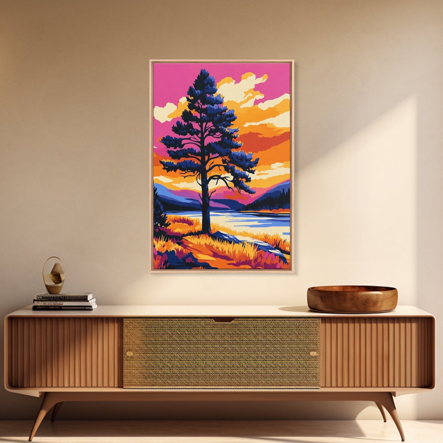 Lone Tree, Mountain Landscape, Vibrant Nature Art, Sunset Painting, Framed Canvas Print, Wilderness Decor, Autumn Wall Art, Office Decor