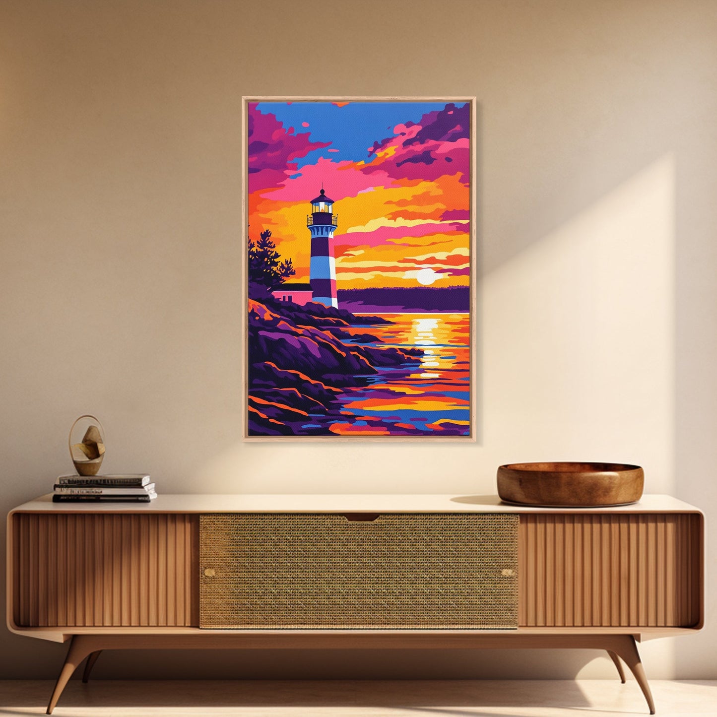 Leuchtturm, Sonnenuntergang, Küste, Meereslandschaft, gerahmter Leinwanddruck, nautische Dekoration, Wandbild fürs Strandhaus, lebendiges Ozeangemälde, Wohnzimmerkunst