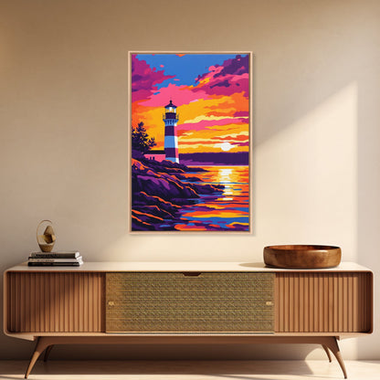 Leuchtturm, Sonnenuntergang, Küste, Meereslandschaft, gerahmter Leinwanddruck, nautische Dekoration, Wandbild fürs Strandhaus, lebendiges Ozeangemälde, Wohnzimmerkunst