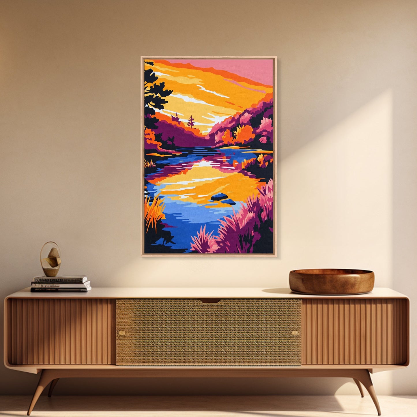 Tranquil Stream, Sunset Reflection, Framed Canvas Print, Cozy Wall Art, Nature Retreat Decor, Living Room Artwork, Serene Landscape