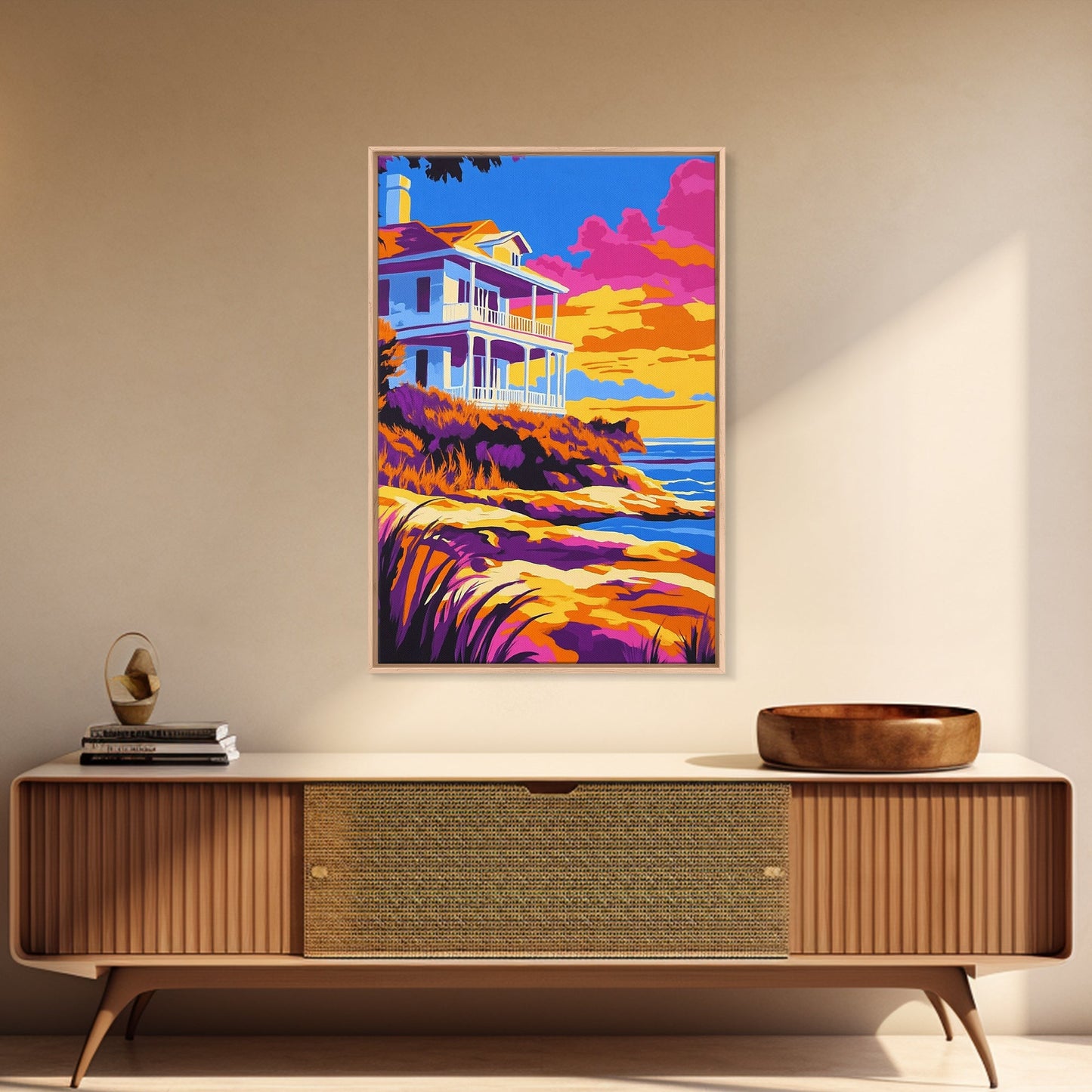 Coastal Home, Seaside Escape, Beach House, Canvas Print, Ocean Wall Art, Vibrant Summer Decor, Living Room Wall Art