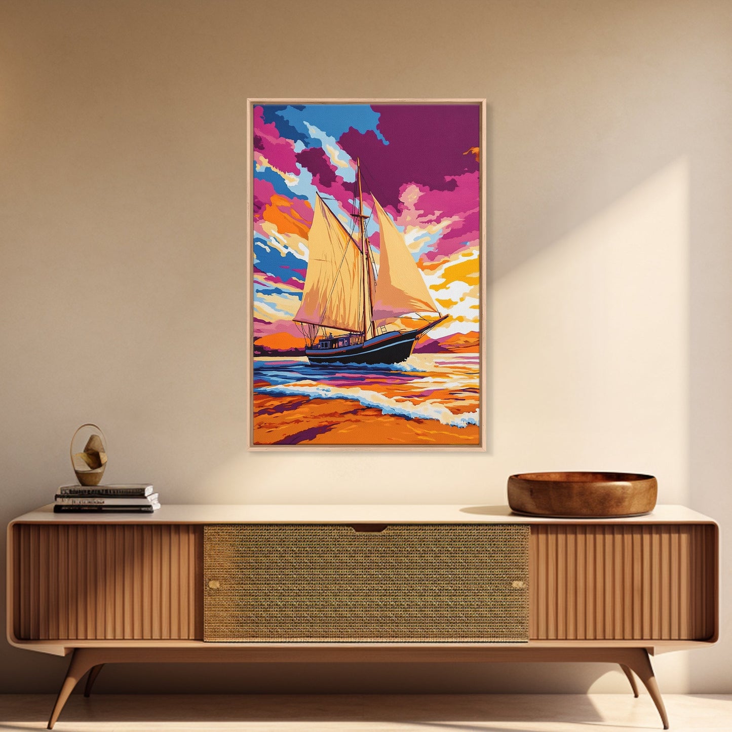 Sailing, Ocean Sunset, Nautical Art, Framed Canvas Print, Coastal Wall Art, Vibrant Seascape, Living Room Decor, Beach House Art